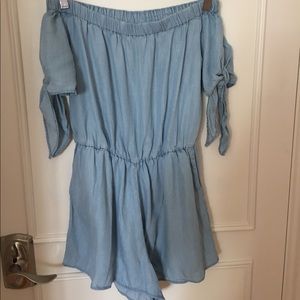 Blue denim-look off shoulder romper